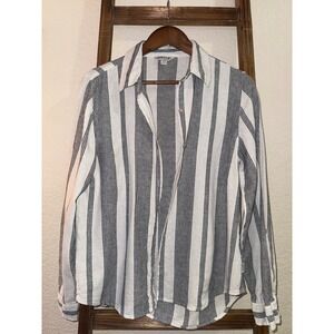 Orvis Classic Collection Linen Blend Striped Button Up Shirt Navy White S Summer